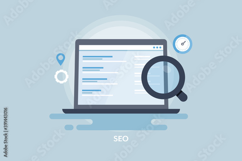 SEO concept. Search engine ranking on laptop screen with magnifying glass. Modern style business marketing web banner template.