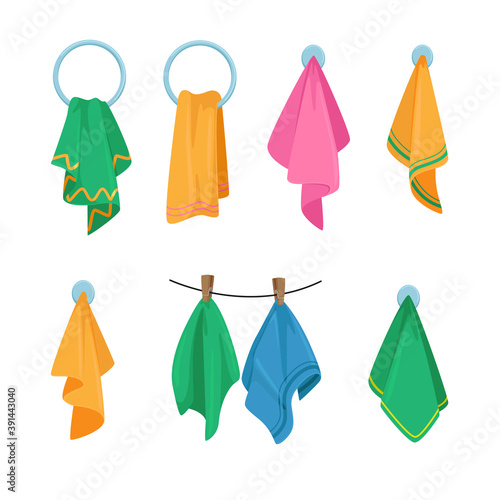Set of Icons Towels Hanging on Hook, Ring and Rope. Colorful Stylish Bath and Kitchen Fabric, Folded Fluffy Textile