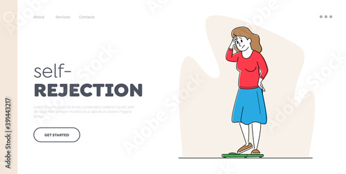 Body Rejection, Dissatisfaction Landing Page Template. Female Character with Low Self-esteem Looking at Scales