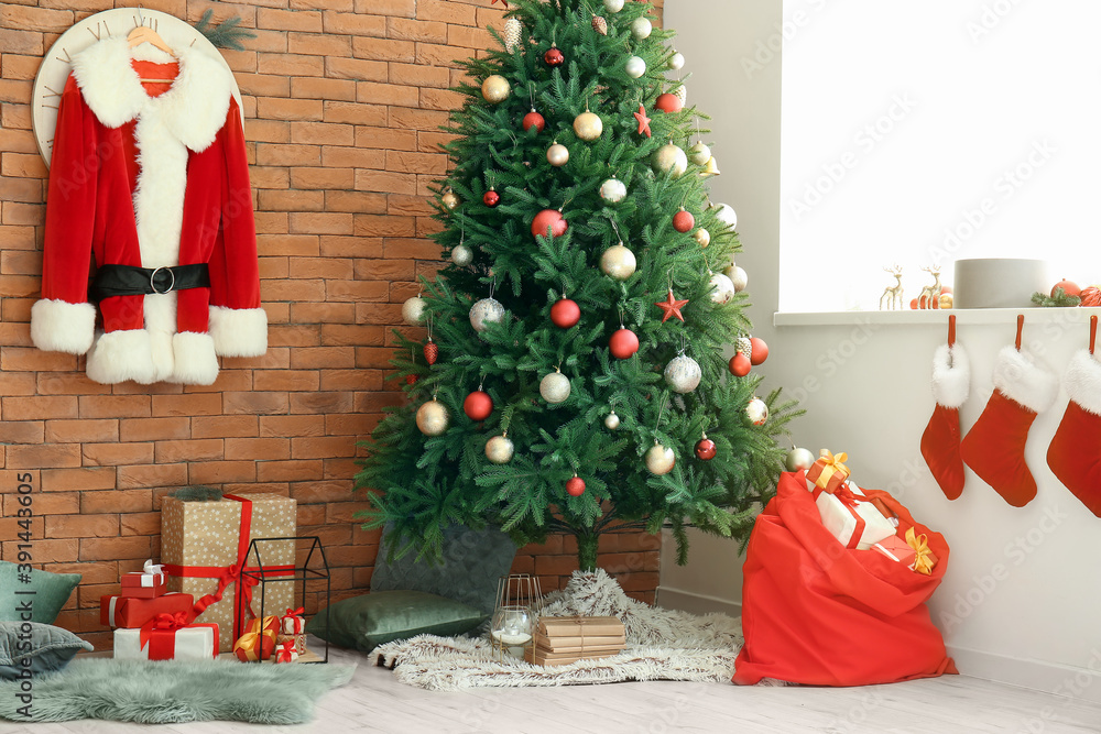 Fototapeta premium Interior of modern room with Christmas tree and Santa bag