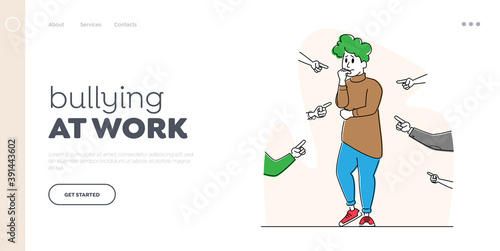 Violence Landing Page Template. Female Character Bullying, Aggression or Conflict, Stress. Scared Woman Trying Protect