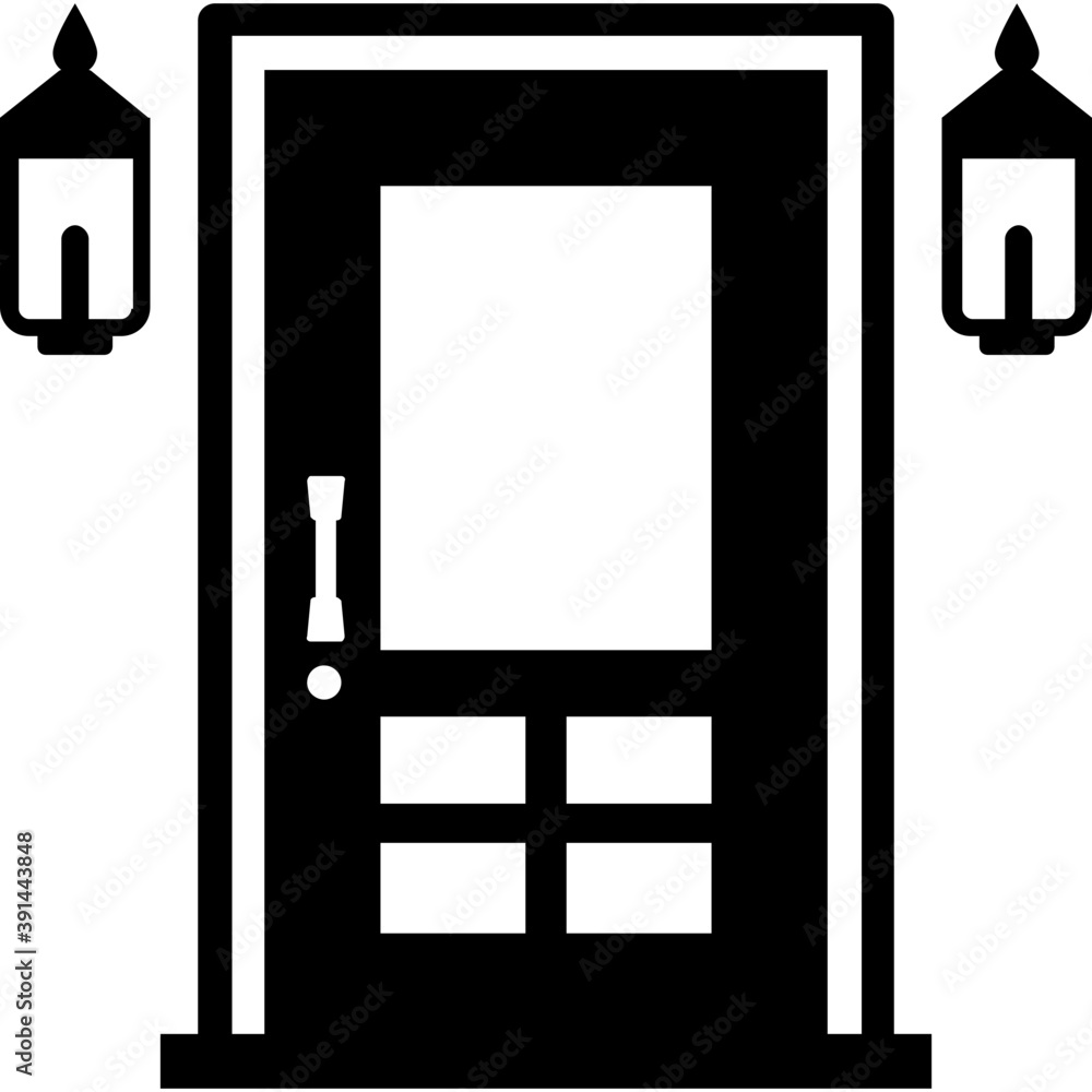 An outer view of wooden door with two lamps
An outer view of wooden door with two lamps