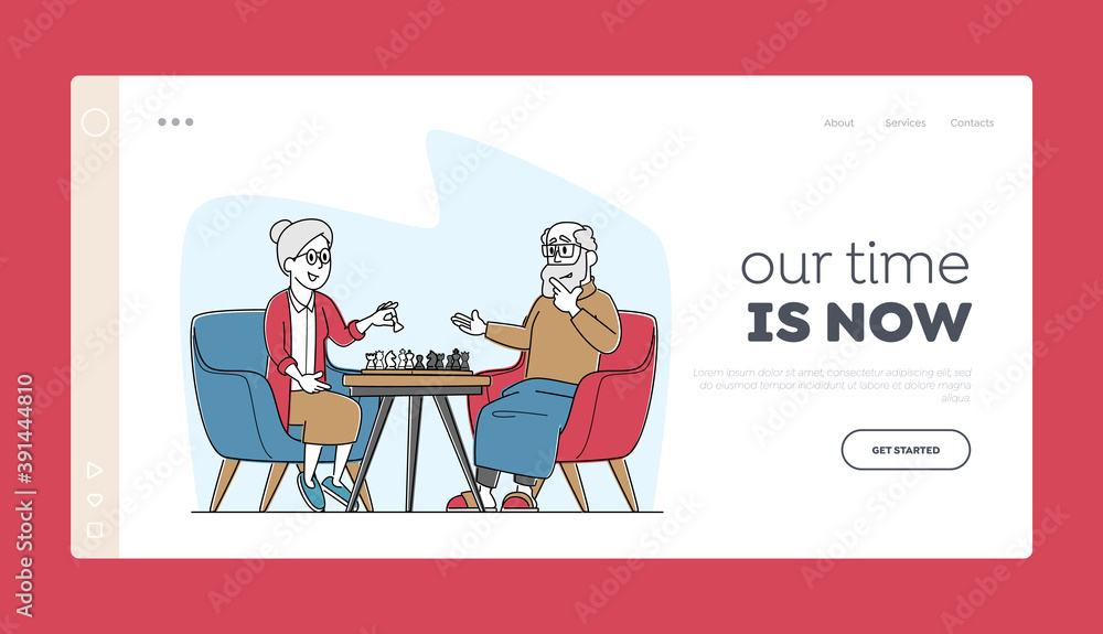 Senior Man and Woman Playing Chess Landing Page Template. Elderly Characters, Pensioners Spend Time at Intellectual Game Senior Man and Woman Playing Chess Landing Page Template. Elderly Characters, Pensioners Spend Time at Intellectual Game
