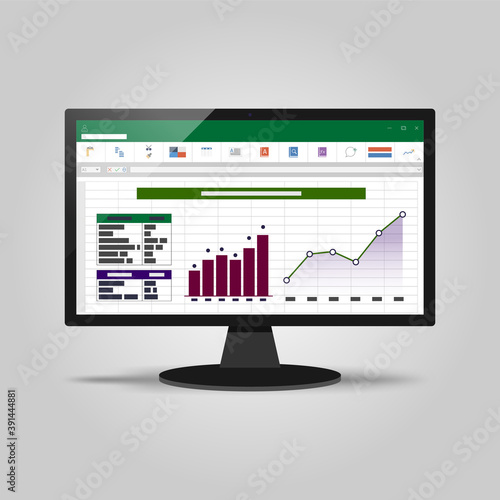 Spreadsheet on Computer screen. Financial accounting report concept. office things for planning and accounting, analysis, audit, project management, marketing, research vector illustration.