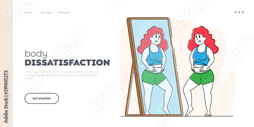 Body Rejection Landing Page Template. Plus Size Female Character Look at Mirror Reflection Dissatisfied with Figure