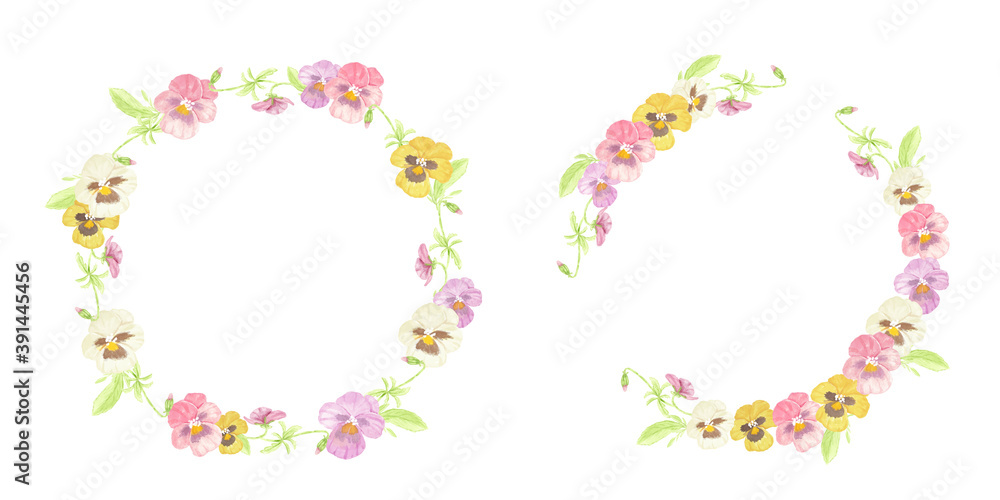 watercolor colorful pansy flower wreath frame collection isolated on white background