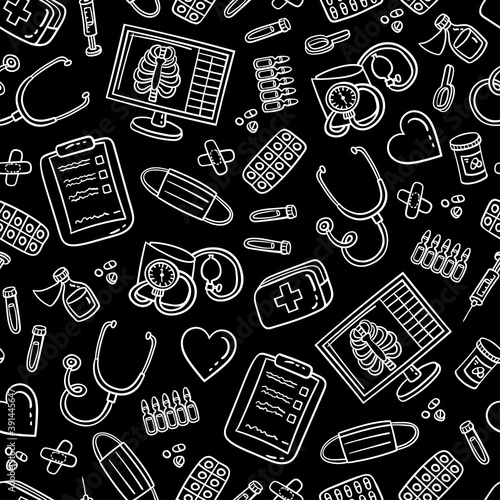 Vector seamless pattern on the theme of medicine. Cartoon background with isolated symbols of treatment, examination, clinics, hospitals on black color. Line art for use in design