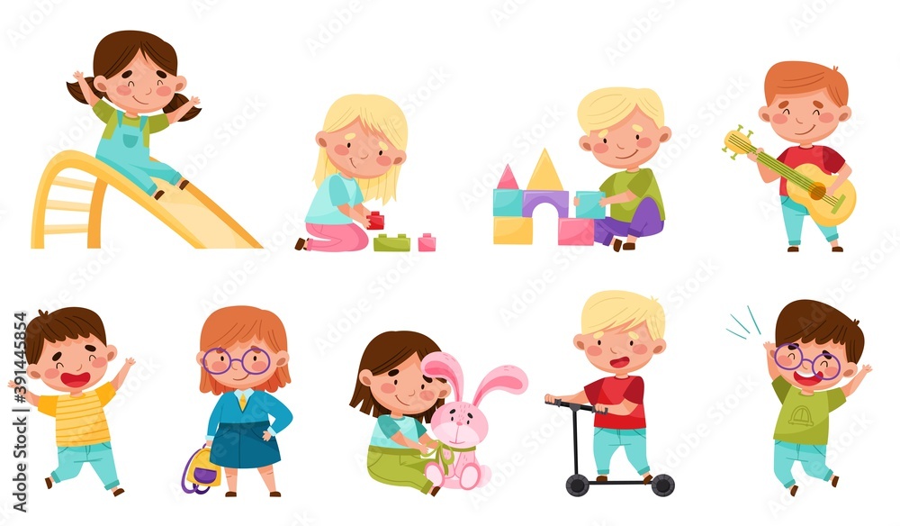 Cute Little Boys and Girls Playing Toys and Having Fun Vector Set Cute Little Boys and Girls Playing Toys and Having Fun Vector Set