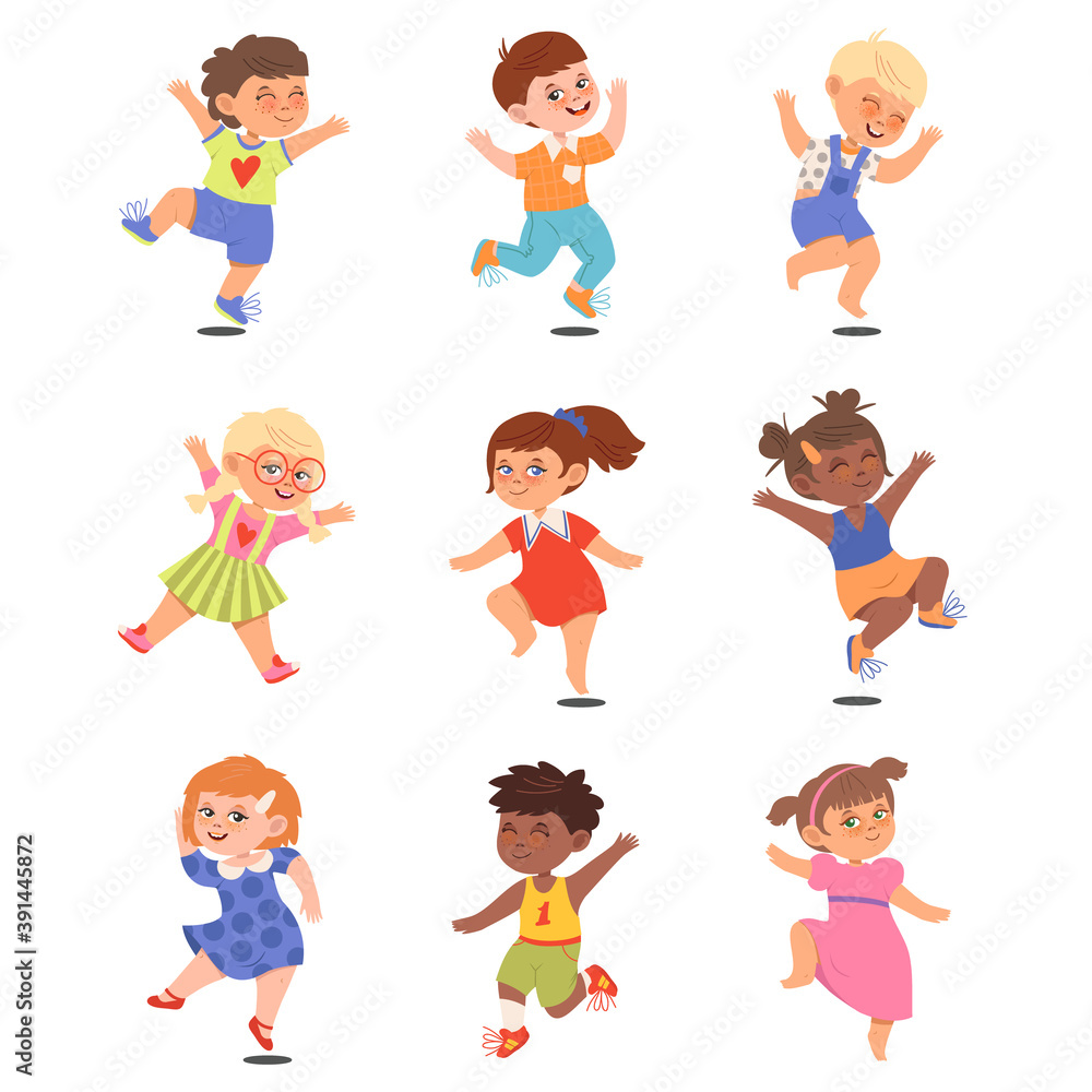 Boy and Girl Characters Jumping with Joy and Excitement Vector Illustrations Set Boy and Girl Characters Jumping with Joy and Excitement Vector Illustrations Set