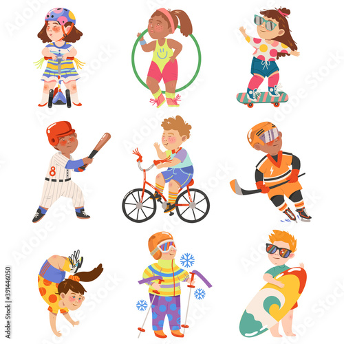Cute Kids Athlete Cycling  Skateboarding and Playing Hockey Vector Illustration Set