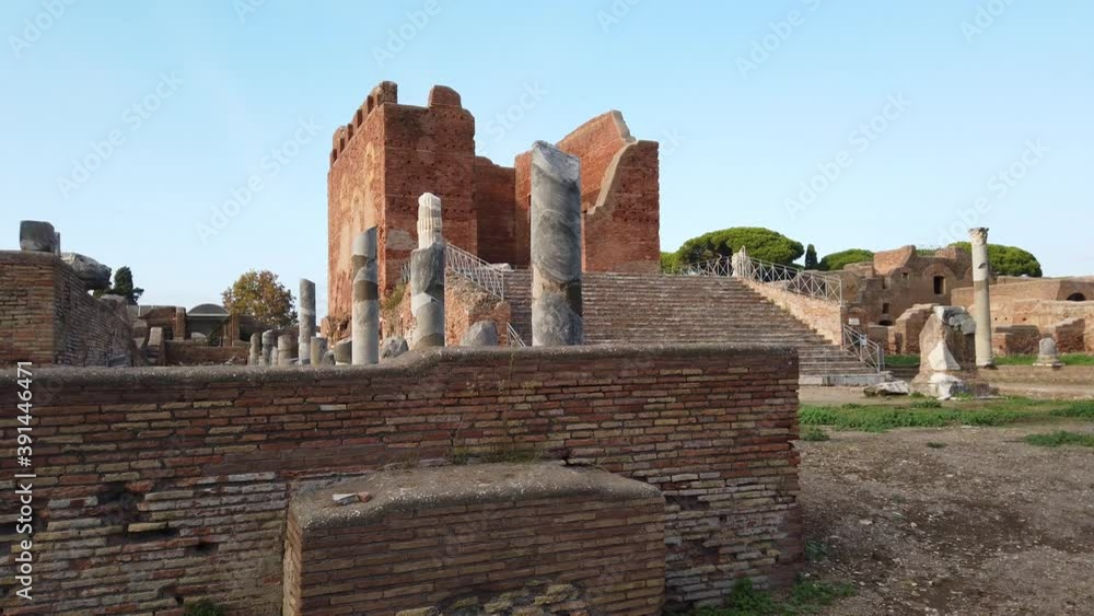 Capitolium, roman temple located in Ostia antica, a huge and world famous archaeological site from ancient Rome, truck move Capitolium, roman temple located in Ostia antica, a huge and world famous archaeological site from ancient Rome, truck move