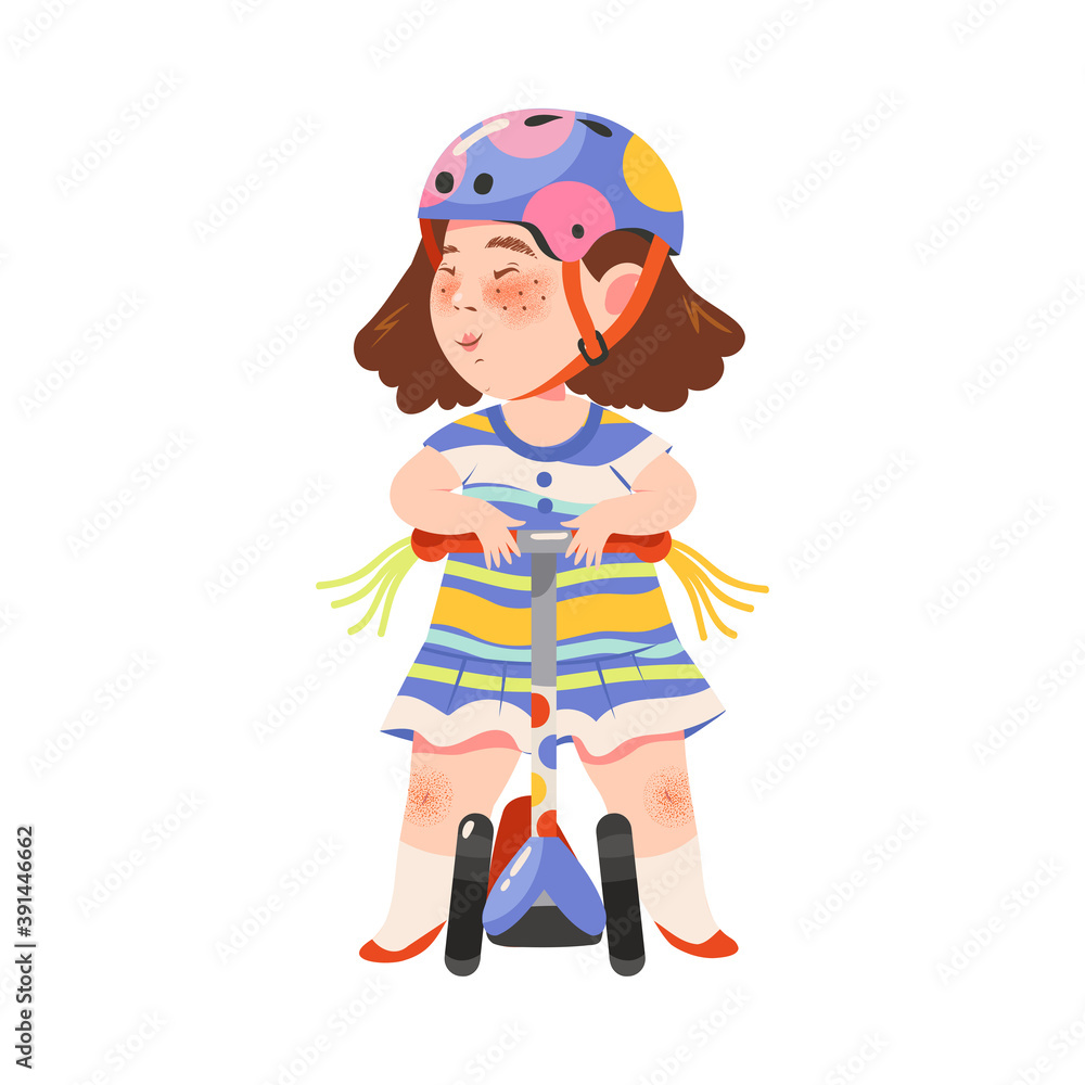 Cute Girl Athlete in Helmet Riding Scooter Vector Illustration