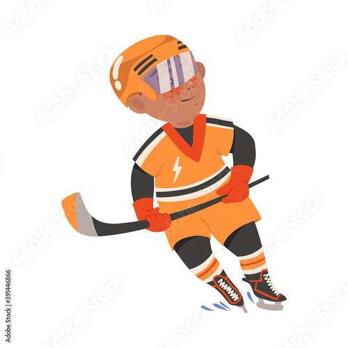 Happy Boy in Sport Wear and Helmet Playing Hockey Vector Illustration