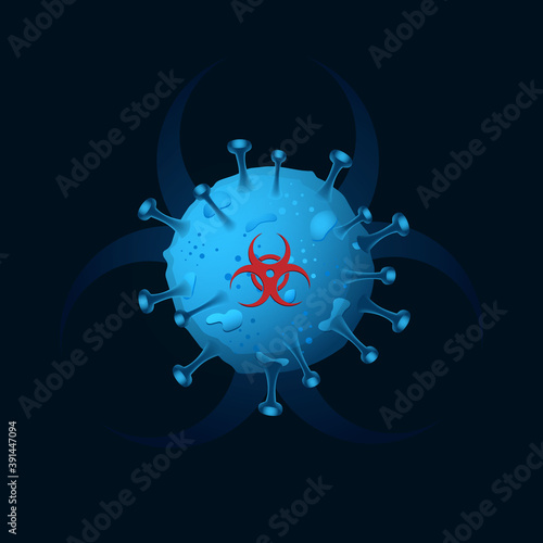virus or bacteria close up with biohazard symbol. Virus allergy bacteria, medical healthcare, microbiology concept. Germ disease, pathogenic organisms, infectious micro virology