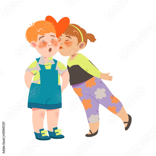 Little Girl Kissing Flushed Boy in Shortalls Cheek Vector Illustration