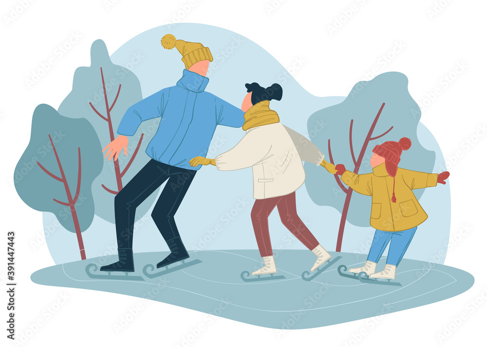 Parents and kid skating on ice rink in winter Parents and kid skating on ice rink in winter