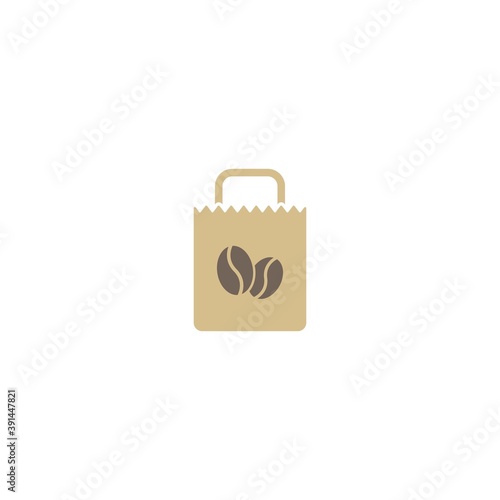 brown grocery paper bag with coffee beans. disposable cardboard bag with coffee.
