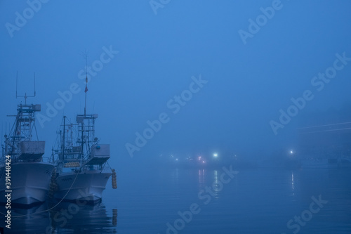 Foggy harbor view around Nusamaibashi Bridge in Kushiro City