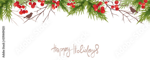 Christmas backgrounds. Vector illustration with holiday calligraphy. Fir branches, birds and red berries.