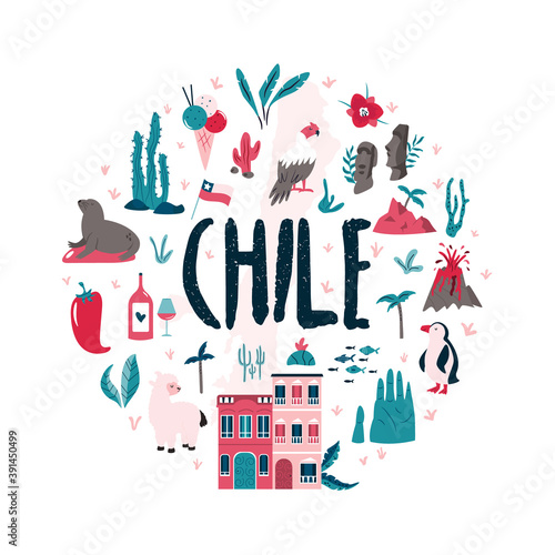 Abstract circle design with landmarks and symbols of Chile and Easter island.