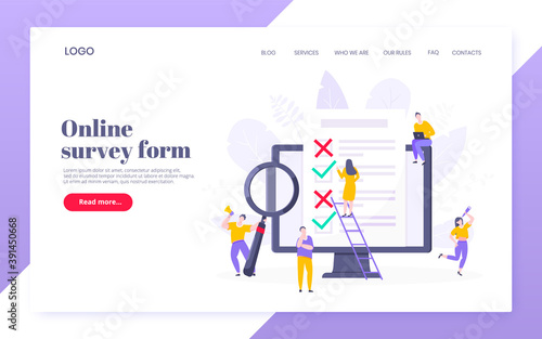 Online survey form or exam application on the monitor screen, claim form, clipboard and tiny people working together. Internet questionnaire, online education quiz vector illustration concept template