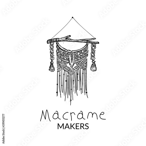 Beautiful boho macrame wall hanging, home decoration hand drawn vector illustration