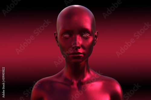 3d illustration of a bald woman. Image of a red female head on a dark background