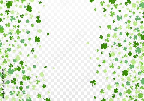Shamrock or clover leaves flat design green backdrop pattern vector illustration isolated on transparent background. St Patricks Day shamrock symbols decorative elements.