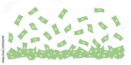 Money rain banner. Falling dollar banknotes on white background. Vector illustration