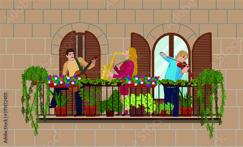 Online concert on the balcony. Guitarist, saxophonist, violinist play on the balcony of the building with flower pots, a window and shutters for tourists. Illustration for baaners of online concerts,  photo