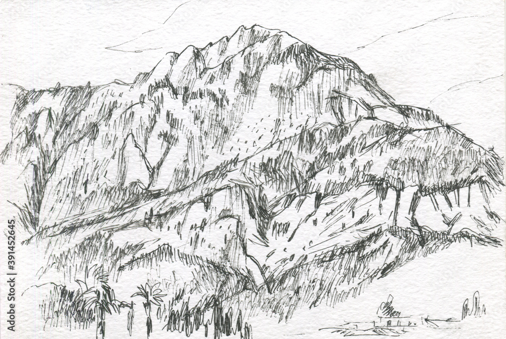 mountains in the technique of graphic sketching