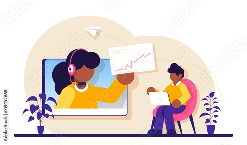 Online business conference concept. Webinar and employees training. Distance education, video tutorial. Meeting and negotiations, partners. Modern flat illustration.