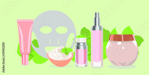 The set of tubes for cream with mint leaves , a face mask and cream.