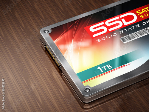 Generic SSD standing on wooden table. 3D illustration