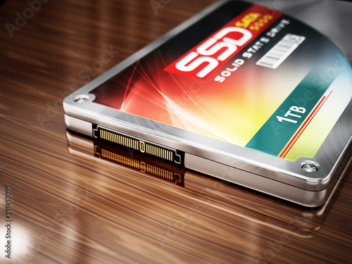 Generic SSD standing on wooden table. 3D illustration