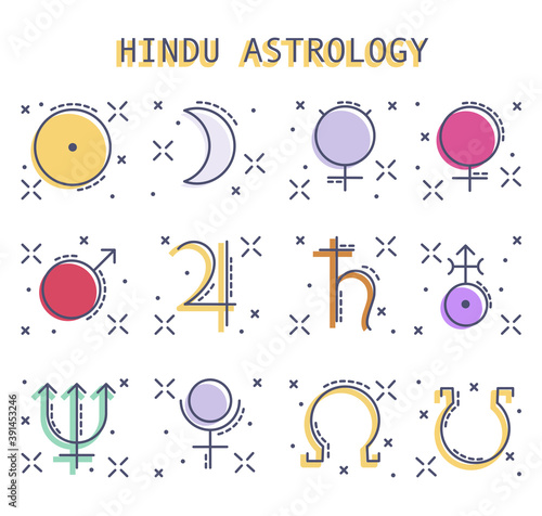 line icon of planet in Juotisha astrology. Colored logo element isolated on white background, vector illustration. Mars, Venus, Mercury, Moon, Sun, Jupiter, Saturn, Pluto, Uranus, Neptune, Rahy and