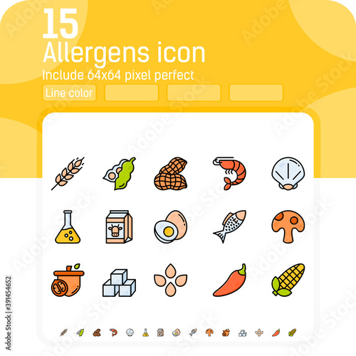 Allergens line color icons vector set. Isolated on white background. Allergens icon with lineal color style. Food allergens symbols emblems signs collection. Allergens and diet outline color icons set