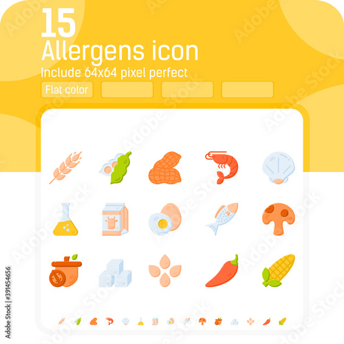 Allergens flat color icons vector set. Isolated on white background. Allergens icon with flat style. Food allergens symbols emblems signs collection. Allergens and diet flat color icons set