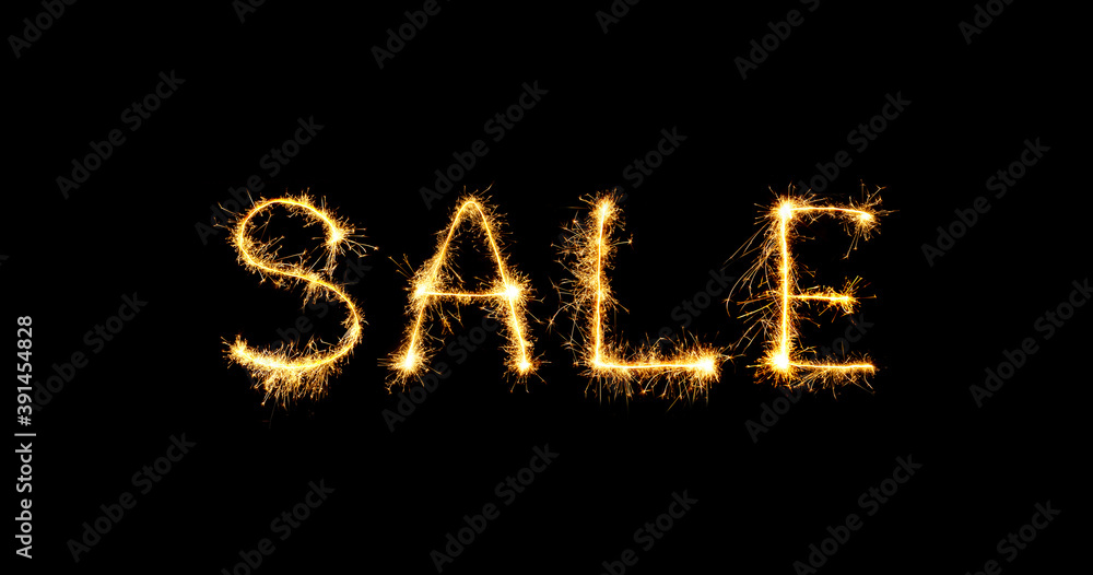 Sparkling burning lettering sale ion black background Sparkling burning lettering sale ion black background