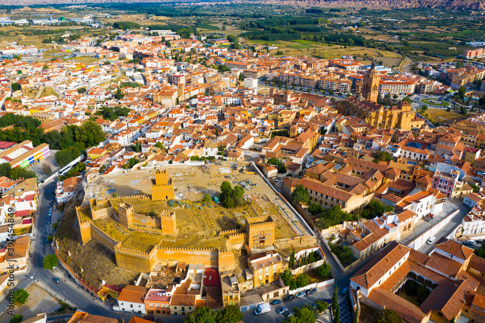 Aerial view of Guadix city and Alcazaba fortness in the south of Spain