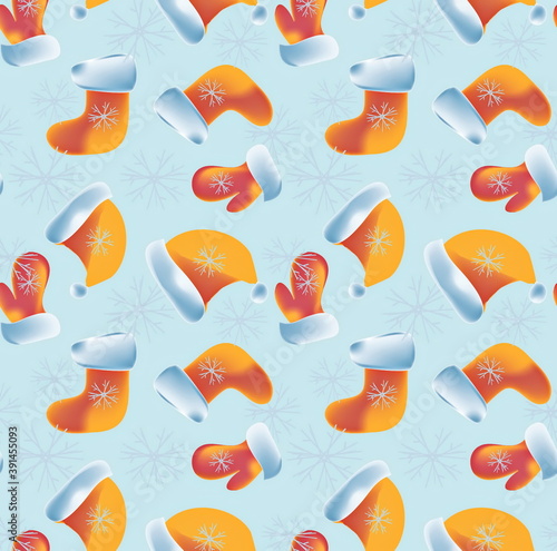 Seamless pattern. New year, Christmas warm clothing hat boots valenki