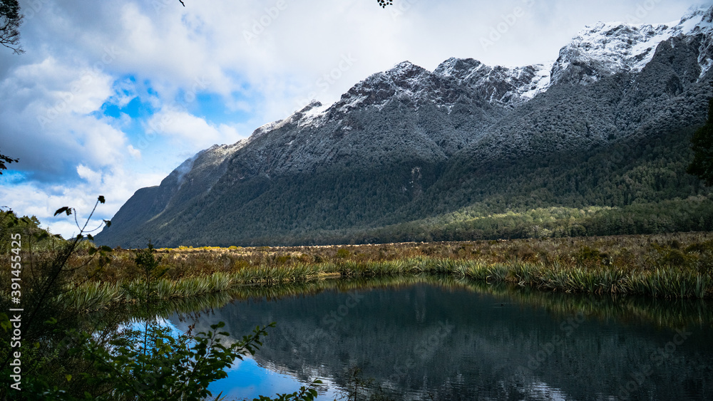 Low shot from Mirror lake to Triangle peaks, Newzealand
