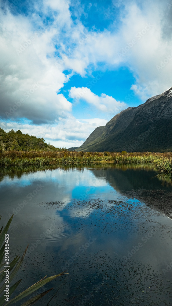 Low shot from Mirror lake to Triangle peaks, Newzealand