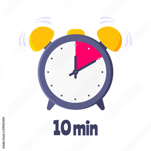 Ten minutes on analog clock face flat style design vector illustration icon sign isolated on white background. Analogue wall clock 10 minutes time management business concept.