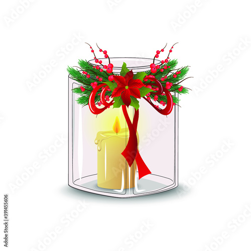 Wax candle. Christmas candlestick. Christmas decor, decoration. Merry christmas and a happy new year.