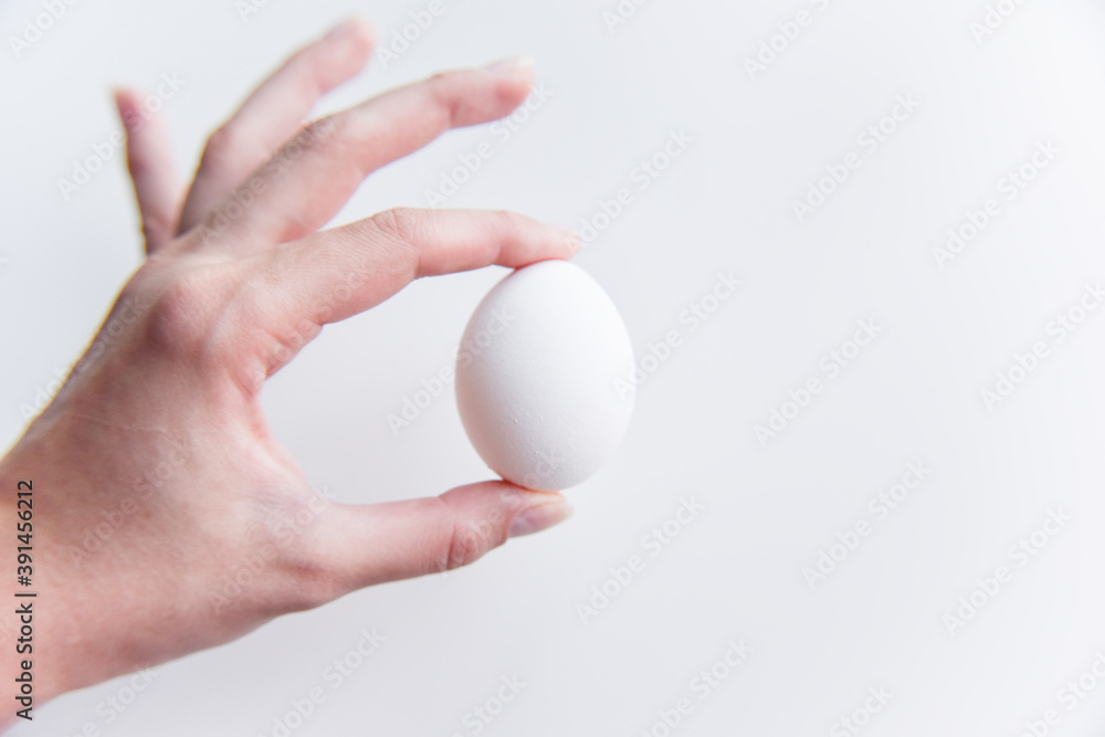 selective focus at the white egg in the hand selective focus at the white egg in the hand