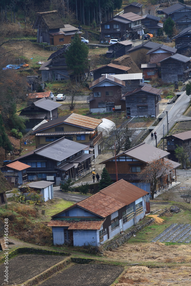 High angle view of Japanese countryside at Shirakawa, Japan