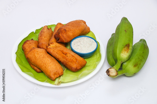 Indian food raw banana bajji With Coconut Chutney traditional and popular dish Very Tasty