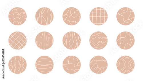Big set of circle highlight icons, abstract shapes and lines, modern social media stories cover, template for blogger and influencer. Trendy elements for story in pastel colors, boho style isolated.