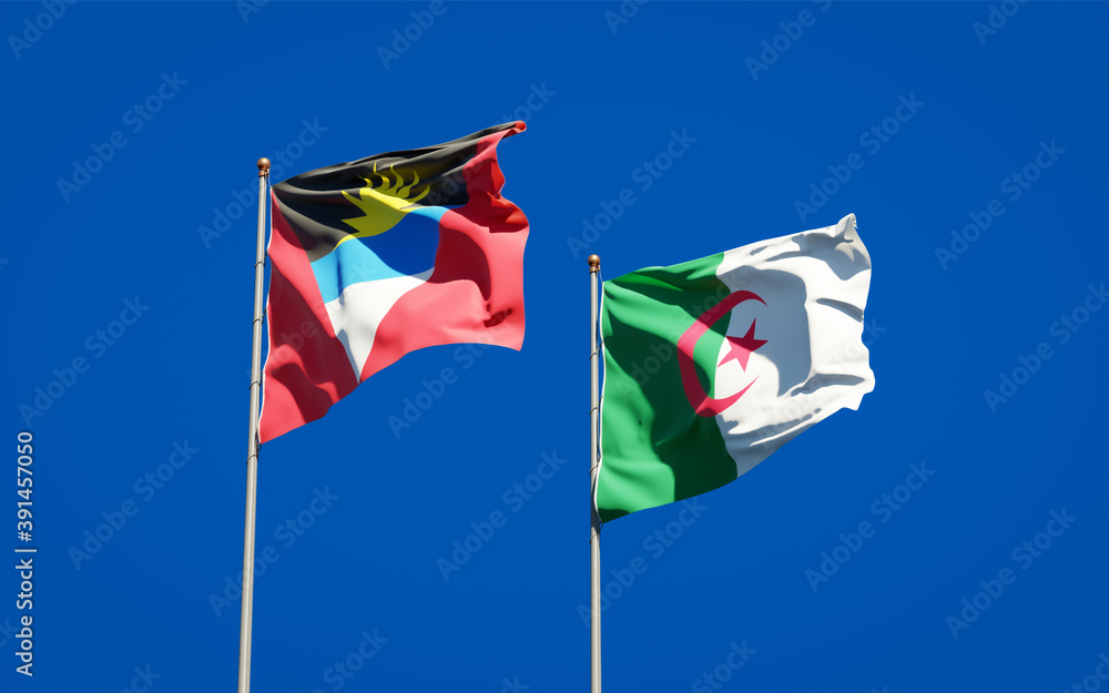 Beautiful national state flags of Algeria and Antigua and Barbuda together at the sky background. 3D artwork concept. Beautiful national state flags of Algeria and Antigua and Barbuda together at the sky background. 3D artwork concept.